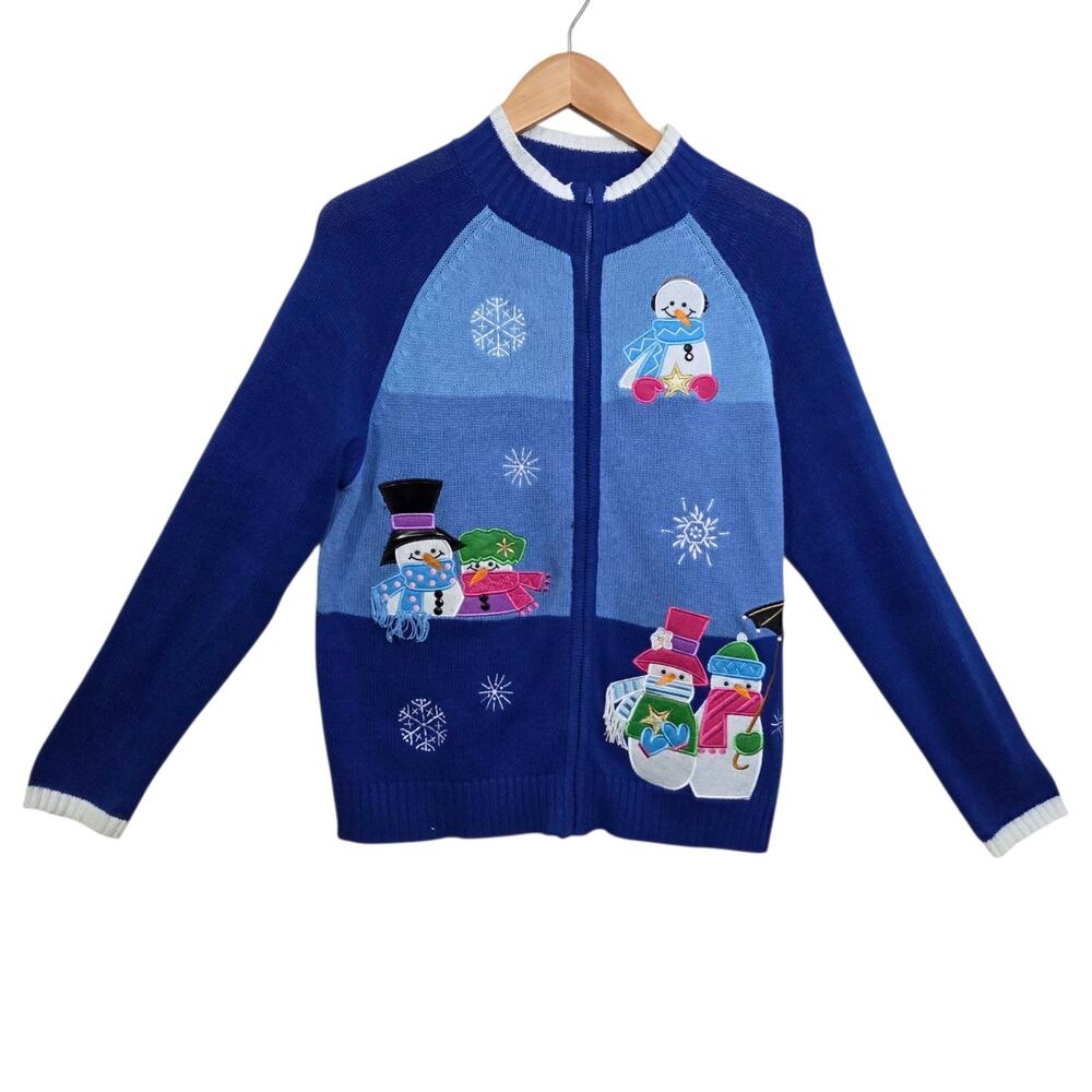 Tiara International Womens Blue Christmas Sweater SZ Medium Zip‎ Snowman Grandma